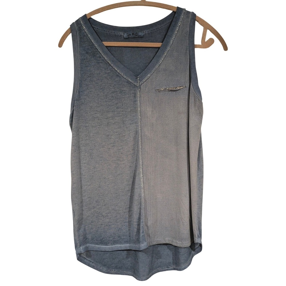 Gigi Moda Italy Sleeveless Top Blue Gray V Neck Sequin Pocket Hi Low Hem